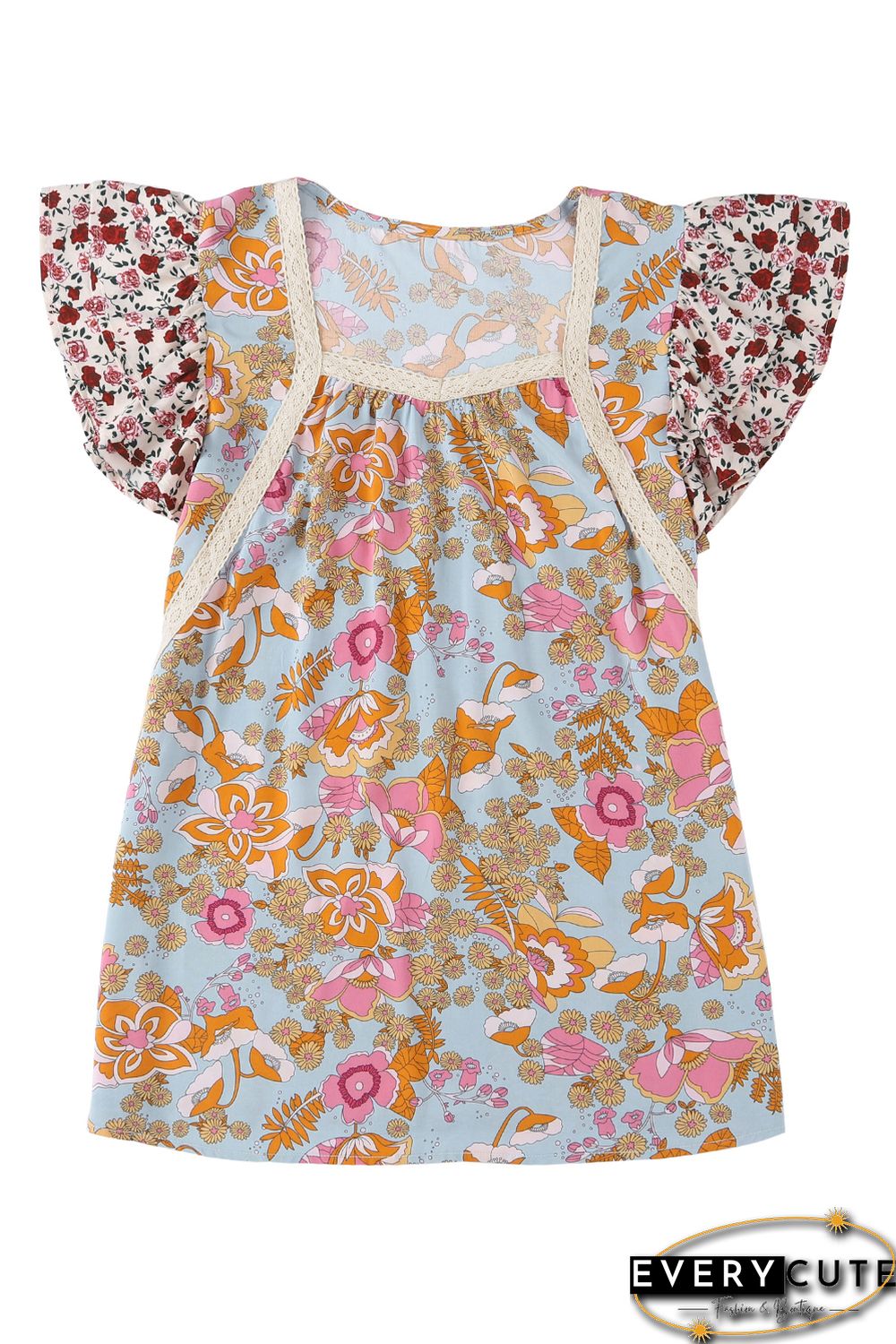 Multicolor Lace Trim Mix Floral Printed Contrast Ruffle Sleeve Blouse