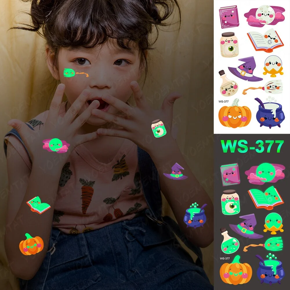 Halloween Party Cartoon Magic book witch Luminous night Tattoo Stickers Elf Ghost Temporary Waterproof Glitter Body Art For Kid