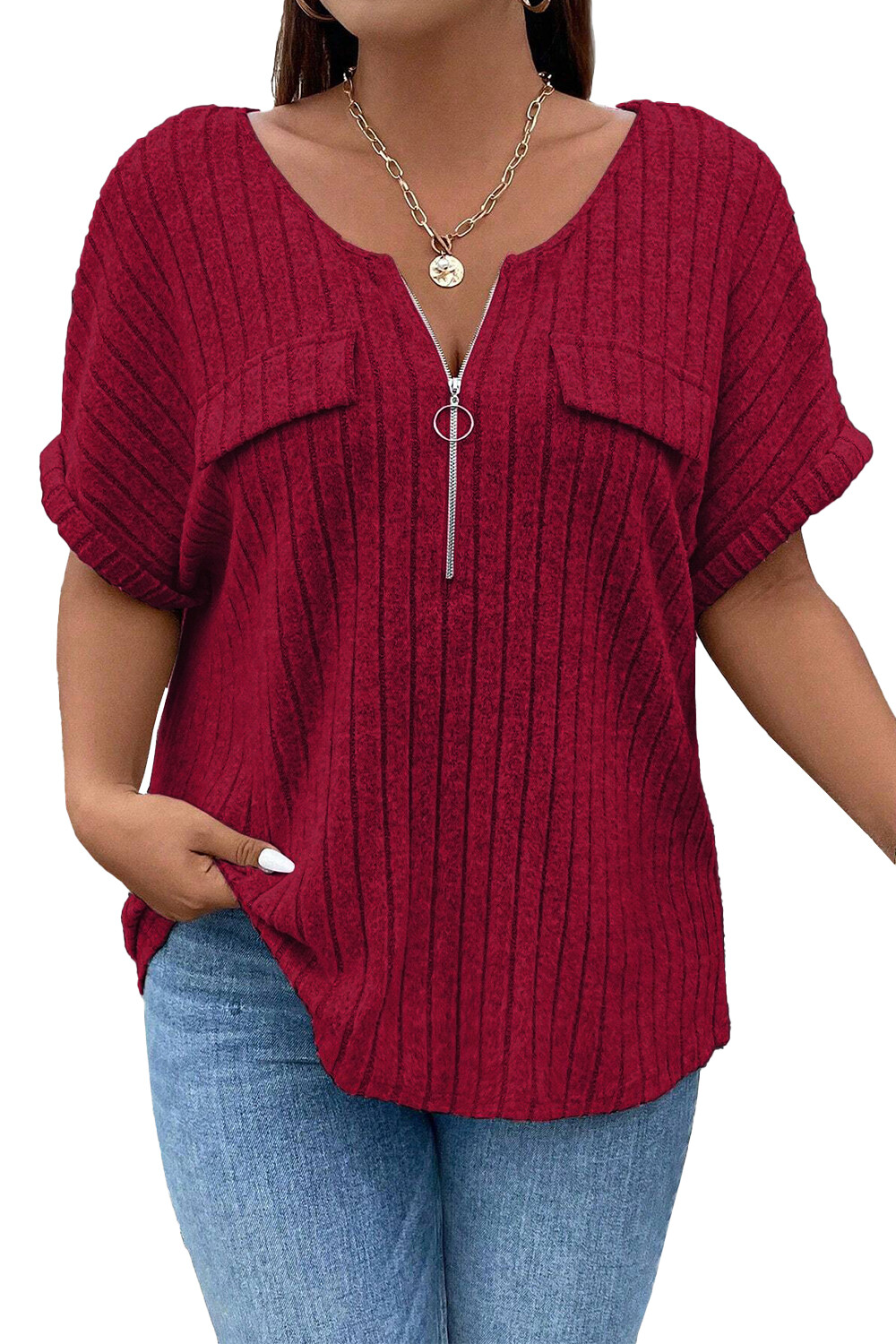 Plus Size Everyday Burgundy Pit Strip Half-Zip Short Sleeve Blouse