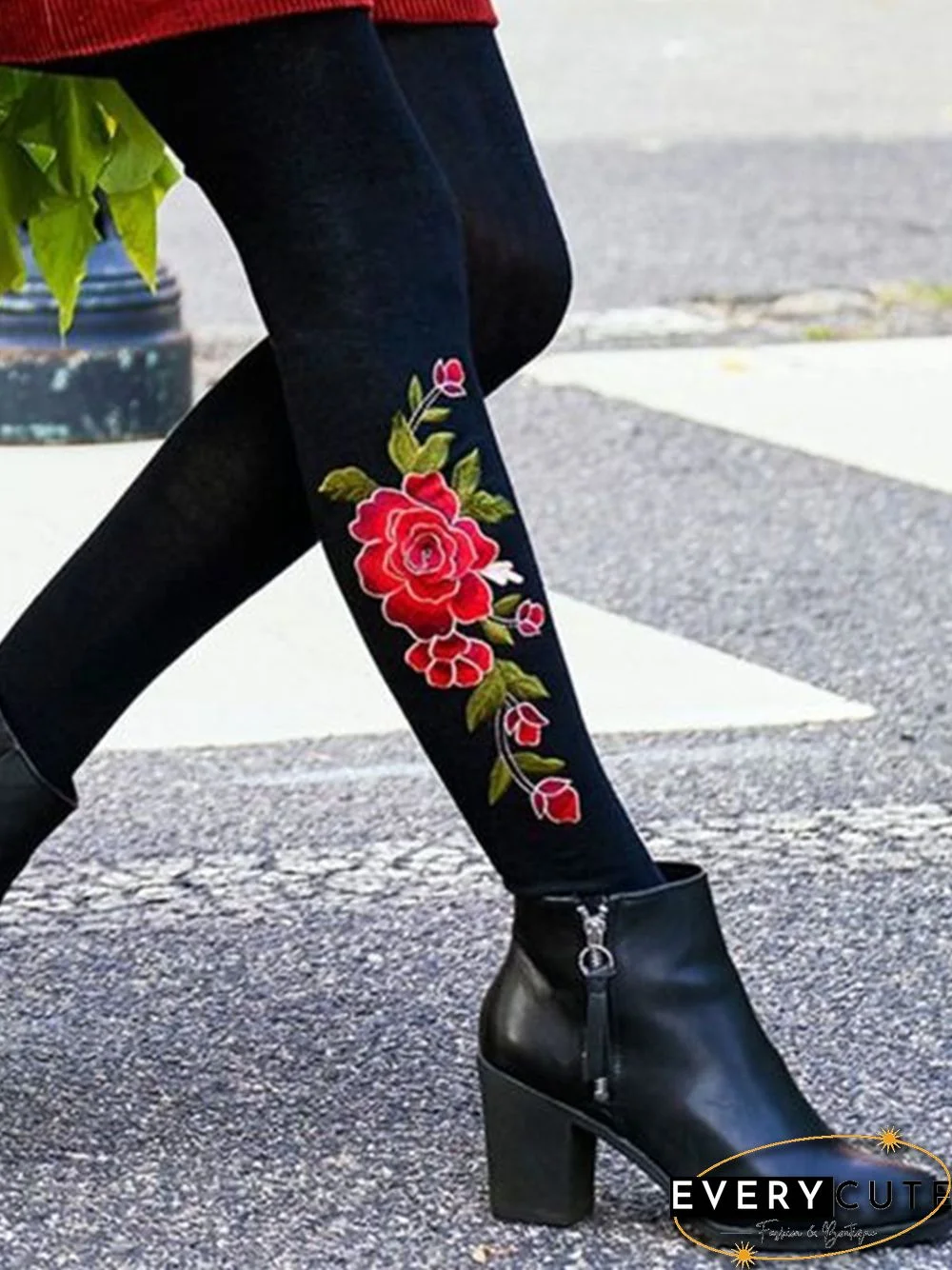 Casual Floral Elastic Waist Leggings