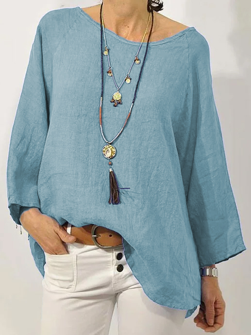 Women Solid Long Sleeve Linen Daily Casual Top | IFYHOME