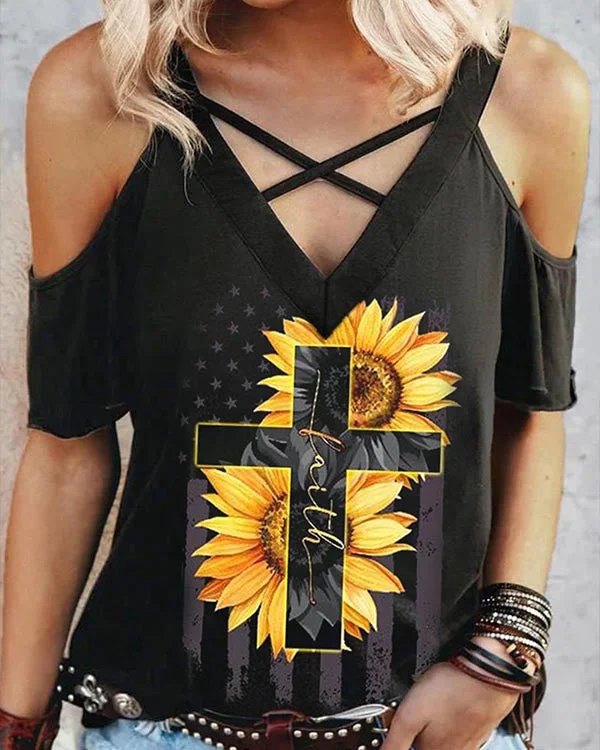 Women's T-shirts Sunflower Print Cold Shoulder T-shirt