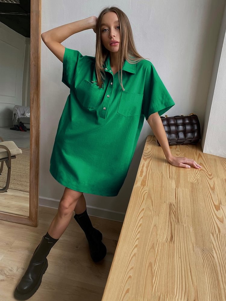 Fongt Polo Straight Green T-Shirt Dress Half Sleeves Split Casual Loose Dress Summer 2022 Pockets Oversized Dress Ladies