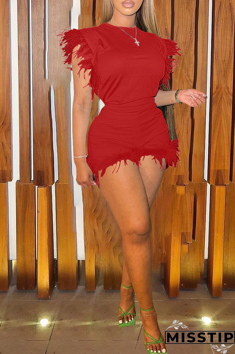 Sky Blue Fashion Casual Solid Patchwork Feathers O Neck Sleeveless Two Pieces