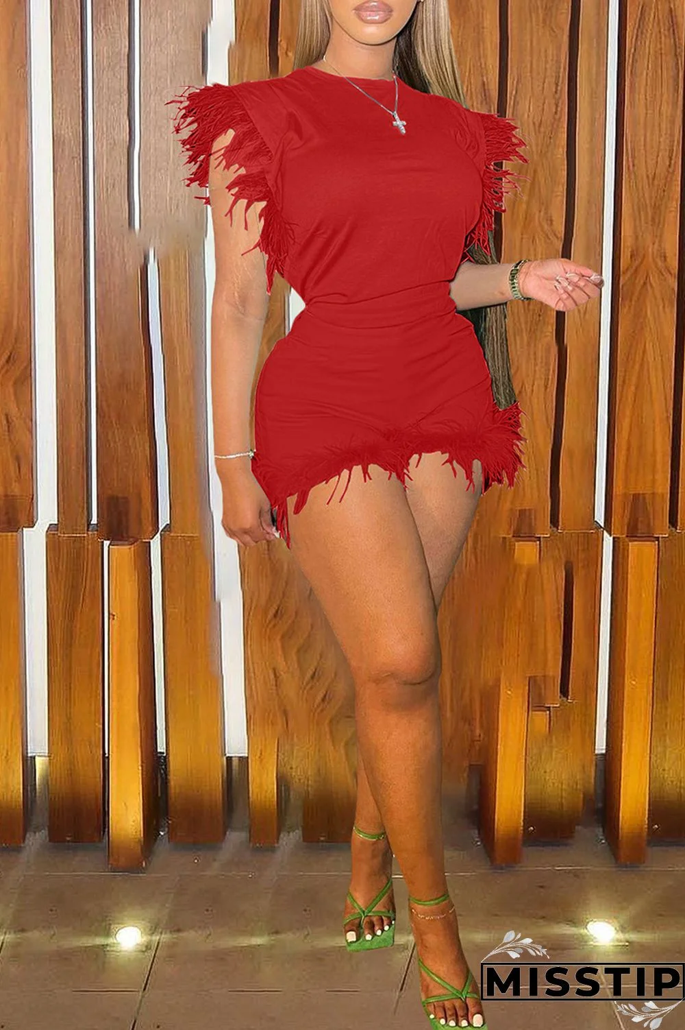 Sky Blue Fashion Casual Solid Patchwork Feathers O Neck Sleeveless Two Pieces