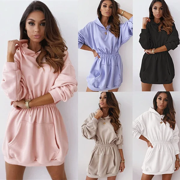 Women Fashion Long Sleeve Casual Dress Slim Waist Long Sleeve Sports Dress Hoodies Sweatshirts