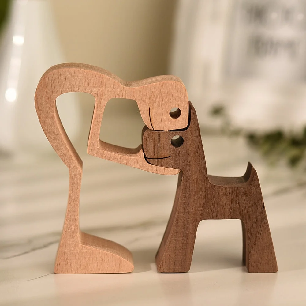 Family Puppy Wood Dog Craft Figurine Desktop Table Ornament Carving Model Creative Home Office Decoration Love Pet Sculpture