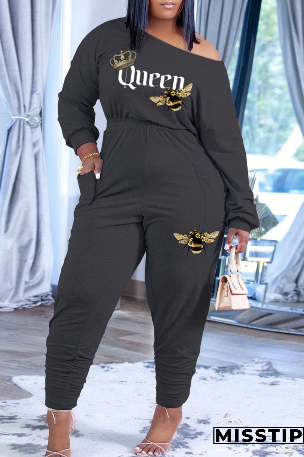 Black Casual Print Patchwork Oblique Collar Long Sleeve Two Pieces