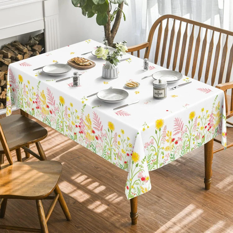 Spring Watercolor Wild Flowers Rectangular Tablecloth Holiday Party Decorations Waterproof Table Cover for Party Dinner Decor