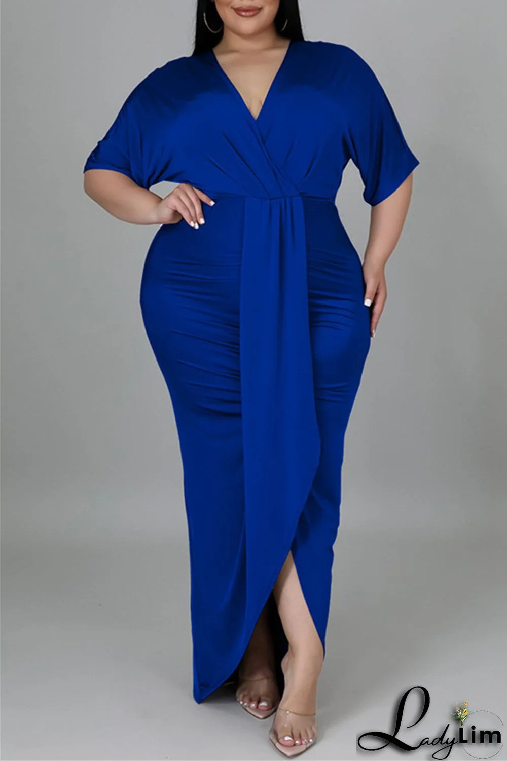 Blue Fashion Casual Solid Patchwork V Neck Short Sleeve Dress Plus Size Dresses