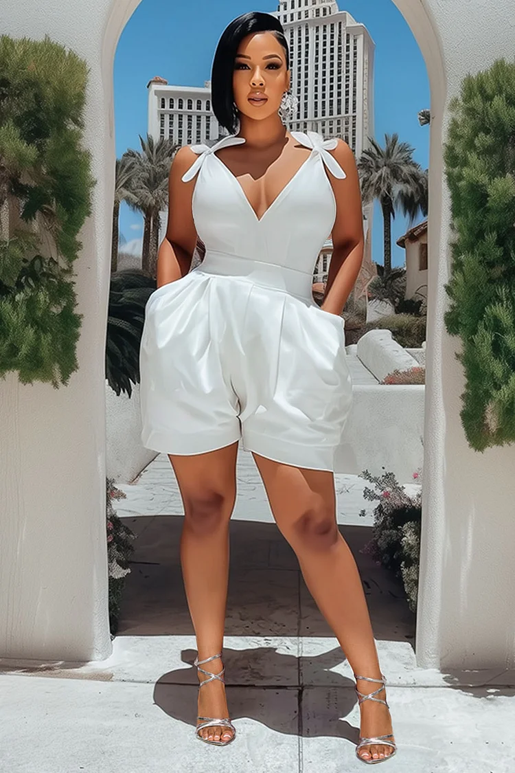 Ribbon Sleeveless V Neck Pocket Daily Romper Playsuit-White [Pre Order]
