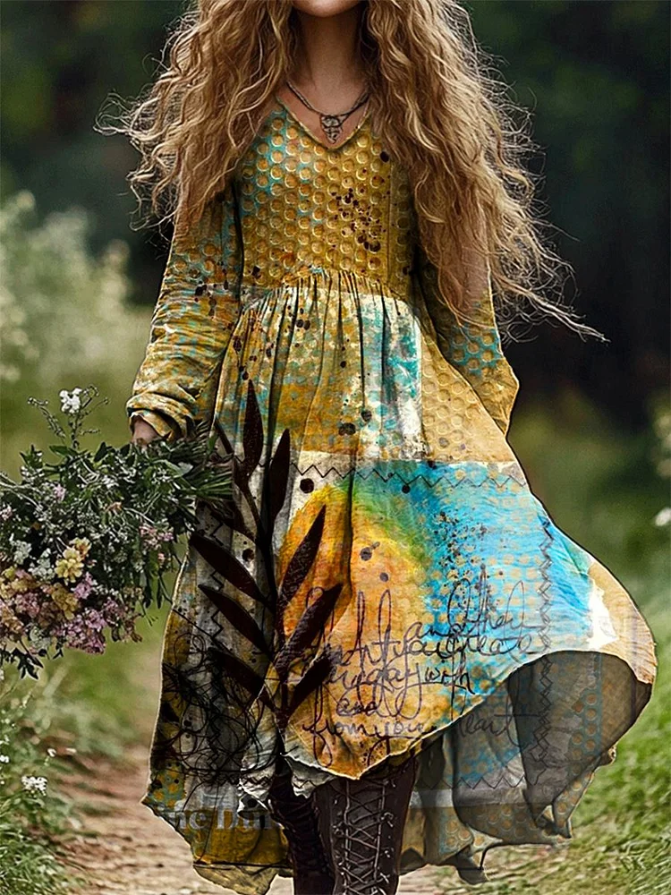 Women's Honeycomb Botanical Art Print Pocket Cotton Dress