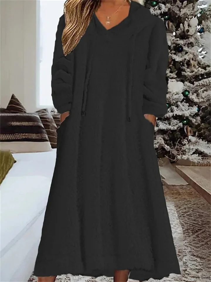 New Autumn and Winter Solid Color Loose Leisure Long Section Fleece Hooded Long-sleeved Dress Homewear-Cosfine