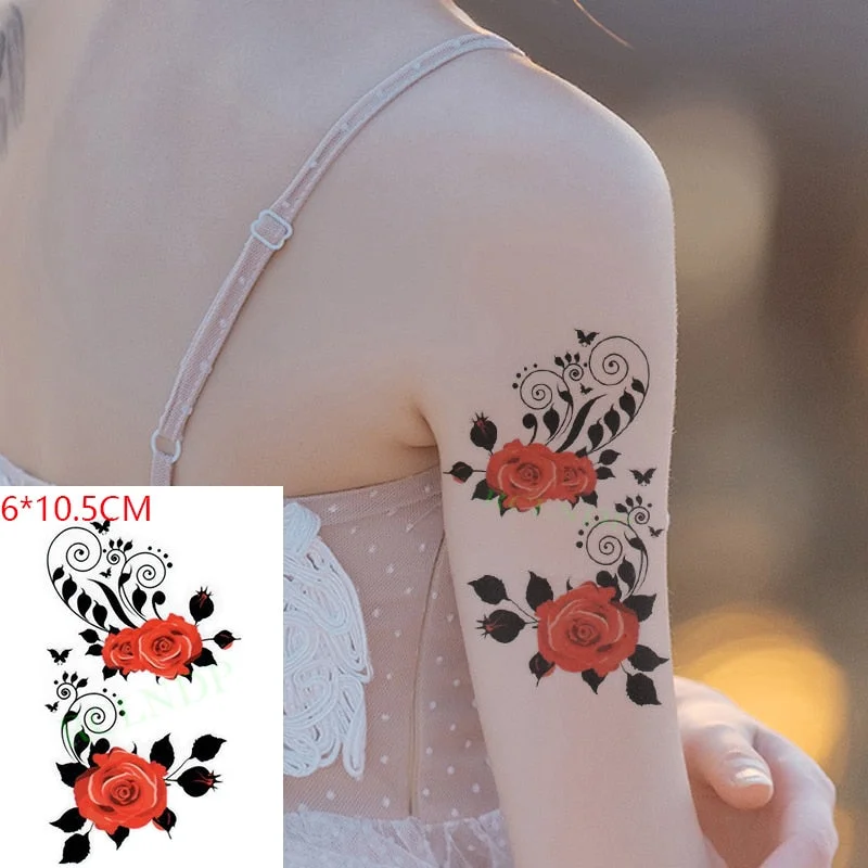 Waterproof Temporary Tattoo Sticker Rose Flower Leaf Letter Black Small Body Art Flash Tatoo Fake Tatto for Kids Girl Men Women