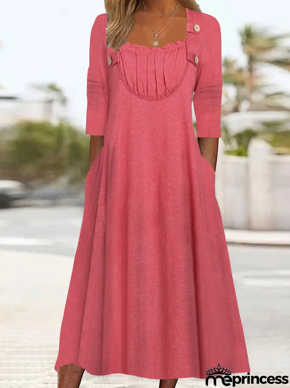 Women's Long Sleeve Square Collar Solid Color Midi Dress