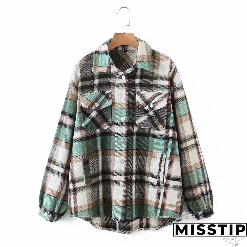 Classic Thick Colorblock Checked Button Down Shirt Jacket Woolen