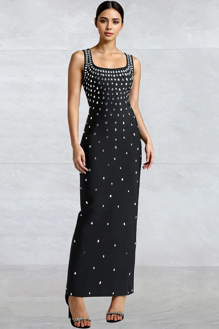 Rhinestone Square Neck Sleeveless Bodycon Maxi Dress-Black