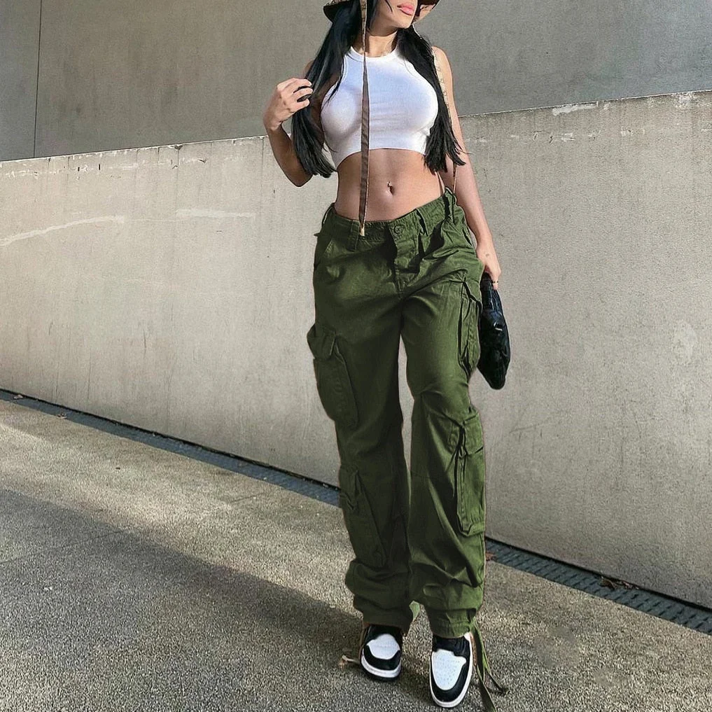 Jacqueline 2022 Drawstring Baggy Y2K Cargo Pants Women Low Waist Sweatpant Trousers Vintage Street Pockets Wide Leg Joggers Pant
