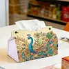 Diamond Art Painting Tissue Box Cover Wear Resist Decorative Paper Napkin Dispenser Multifunction Rhinestone PU Tissue Holder Kit for Adults Home Office Gift (Blue Peacock Floral)