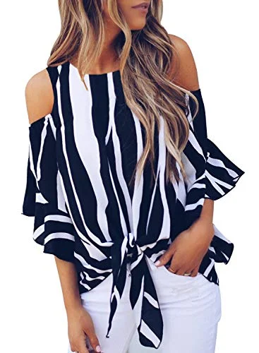 Striped Off Shoulder Blouse Women Casual Spring Summer O-neck Half Sleeve Bandage Shirt Female Sexy Flare Sleeve Chiffon Tops
