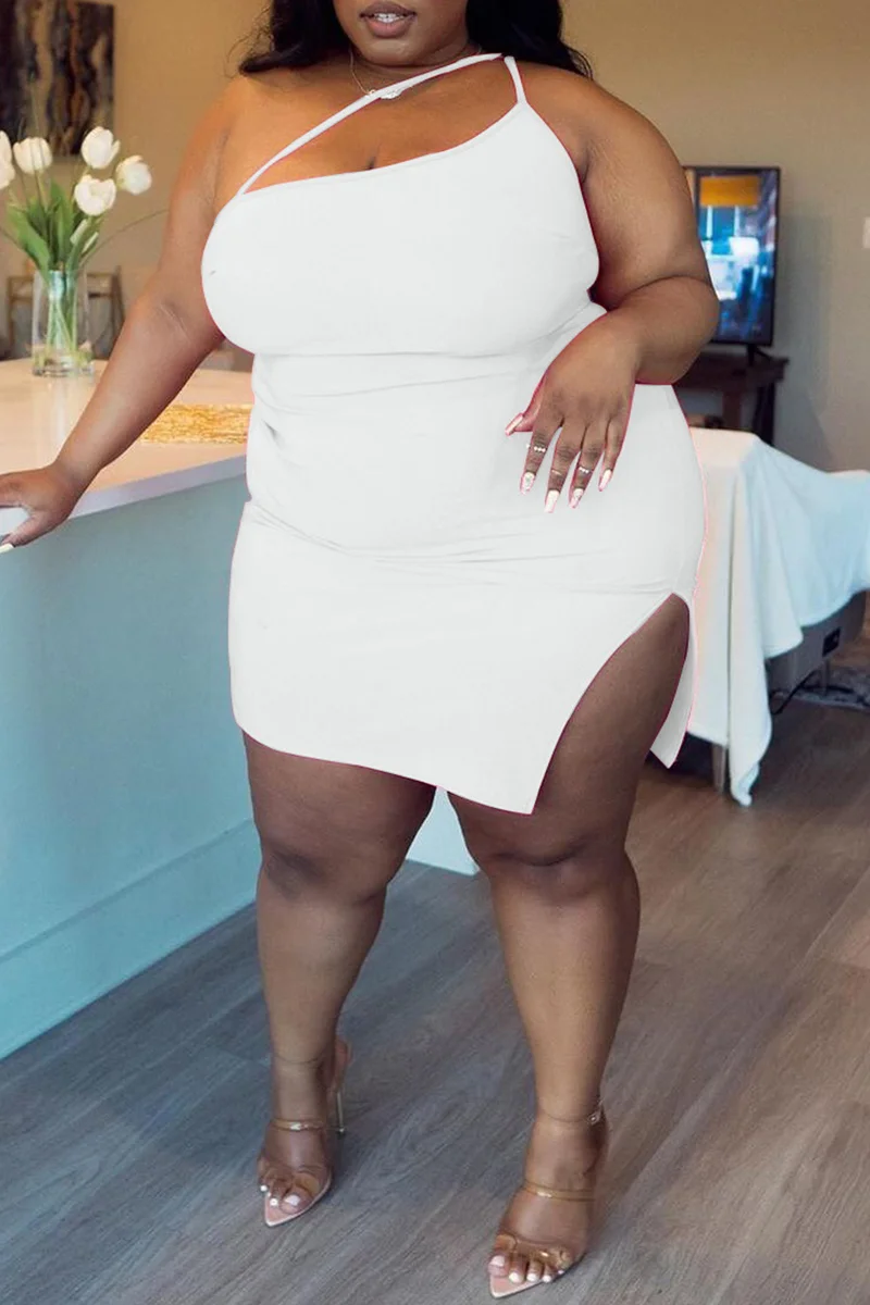 White Fashion Sexy Plus Size Solid Backless Slit One Shoulder Sleeveless Dress | EGEMISS