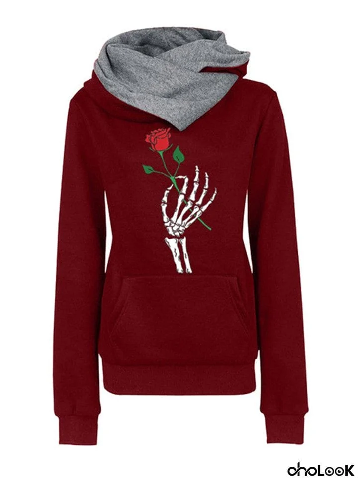 New Rose And Skeleton Hand Printed Long Sleeve Hoodies