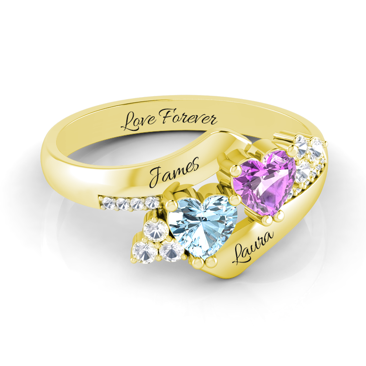 Personalized Promise Ring with 2 Birthstones Bypass Engraved Mother Ring in Gold Mother's Day Gift