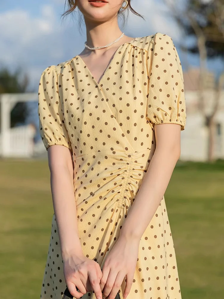 v-neck Waist Polka Dot Dress