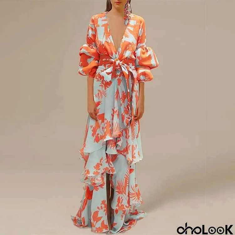 Women Casual Elegant Printed V-Neck Tight Waist Lace-Up Irregular Maxi Dress