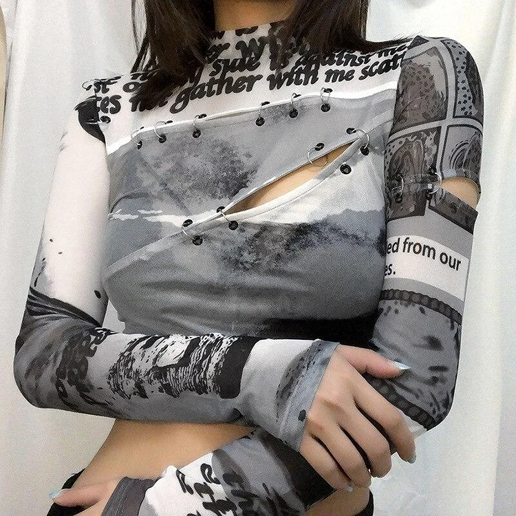 GRUNGE TRANSPARANT LONG SLEEVE CUT OUT GRAY CROP TEE