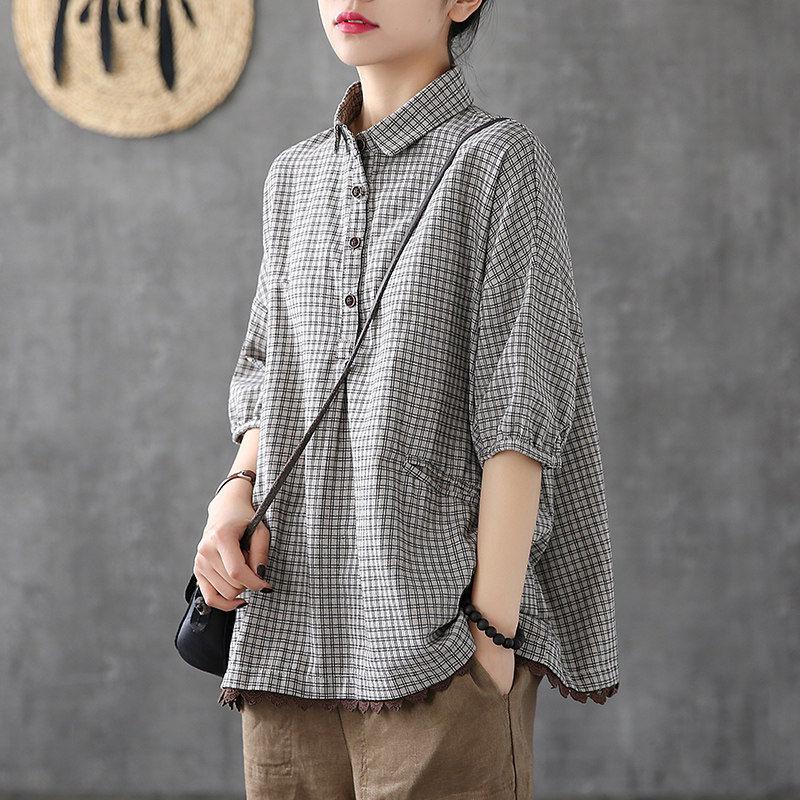 Women Short Sleeve Loose Shirts Cotton Linen Plaid Casual Blouses