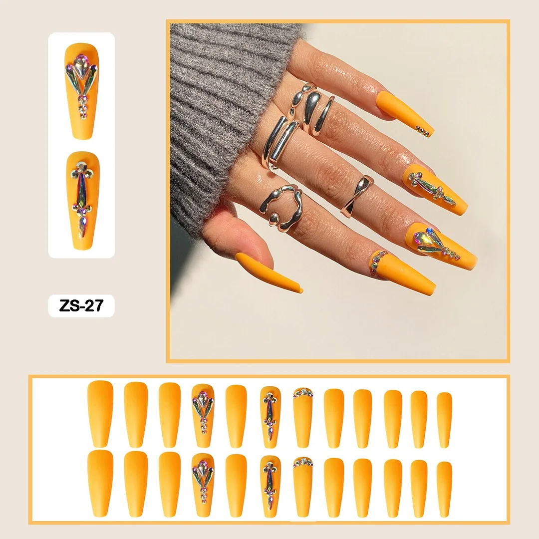 24pcs/box  Long Trapezoid Fake Nails  WIth Jewels Decorated Wearabel False Nails With Glue And Wearing Tools-Nail Inspo