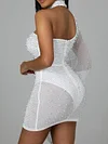 Sexy One-Shoulder Mesh Beaded Decorate Slim Mini Dress