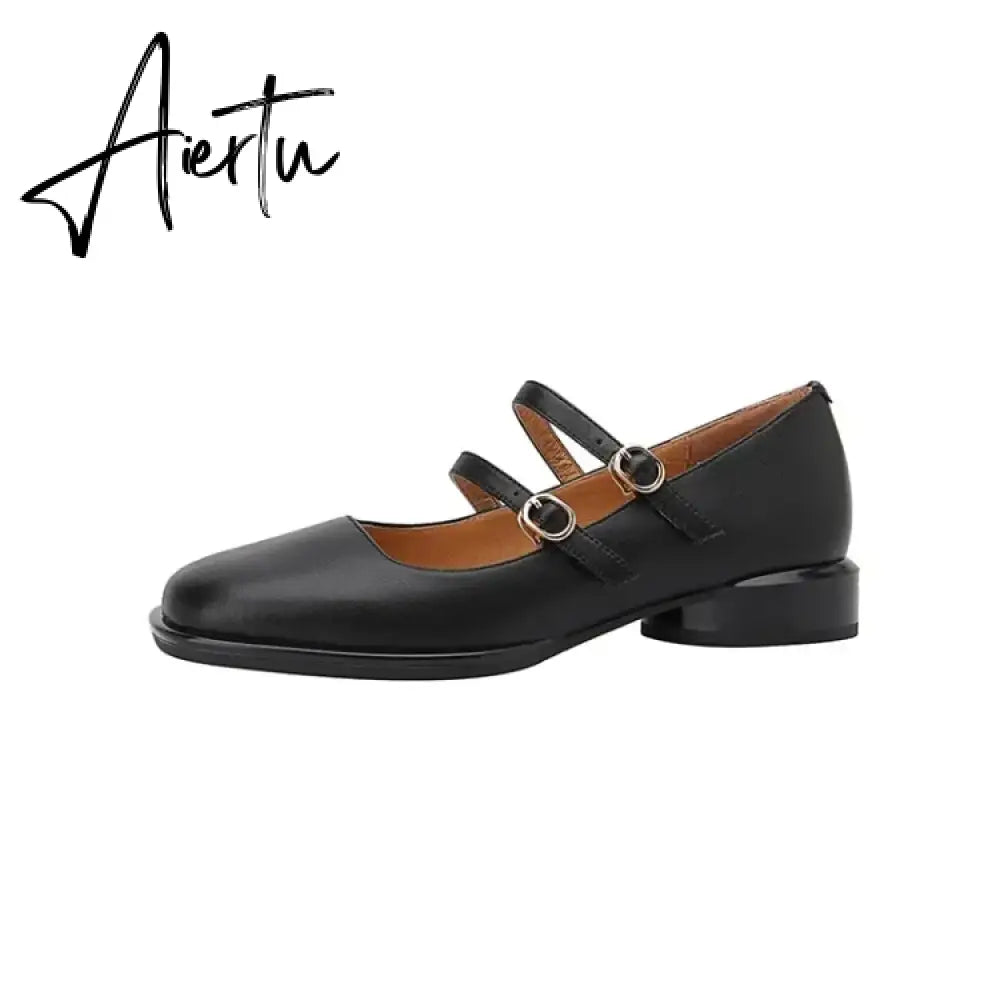 Aiertu HOT SALE Spring Fashion Women Shoes Round Toe Chunky Heel Shoes Women Cow Leather Low Heel Women Pumps Solid Retro Mary Janes Aiertu