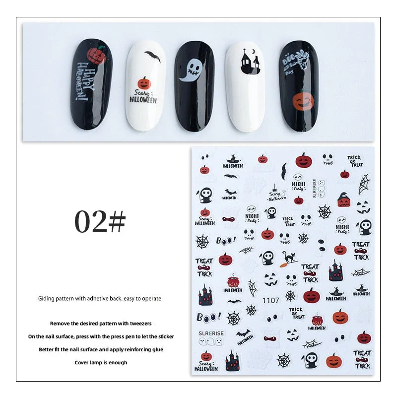Halloween 3D Nail Stickers Skeleton Pumpkin Design Adhesive Nail Transfer Sliders Paper Autumn Winter DIY Nail Art Decoration