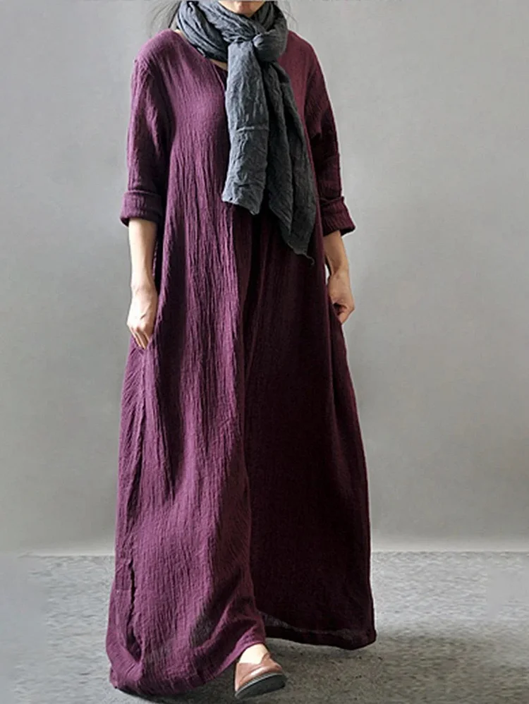 Casual Plain Textured V Neck Long Sleeve Pocket Midi Dress