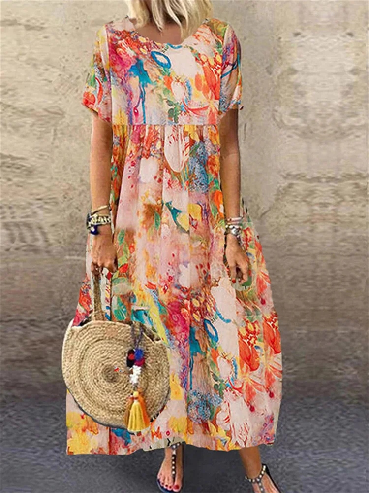VChics Abstract Watercolor Art Pleated Maxi Dress
