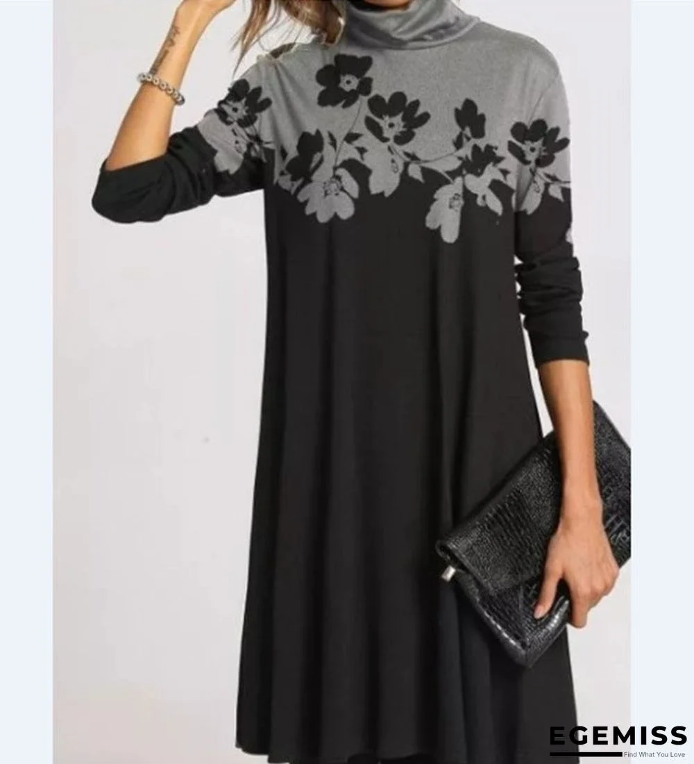 Printed Half-turtleneck Long Sleeve Dress Black Dresses | EGEMISS