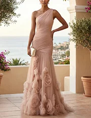 nude bonded scuba pleated one shoulder fishtail maxi dress Solid Color One Shoulder 3D Floral Mesh Fishtail Maxi Dress