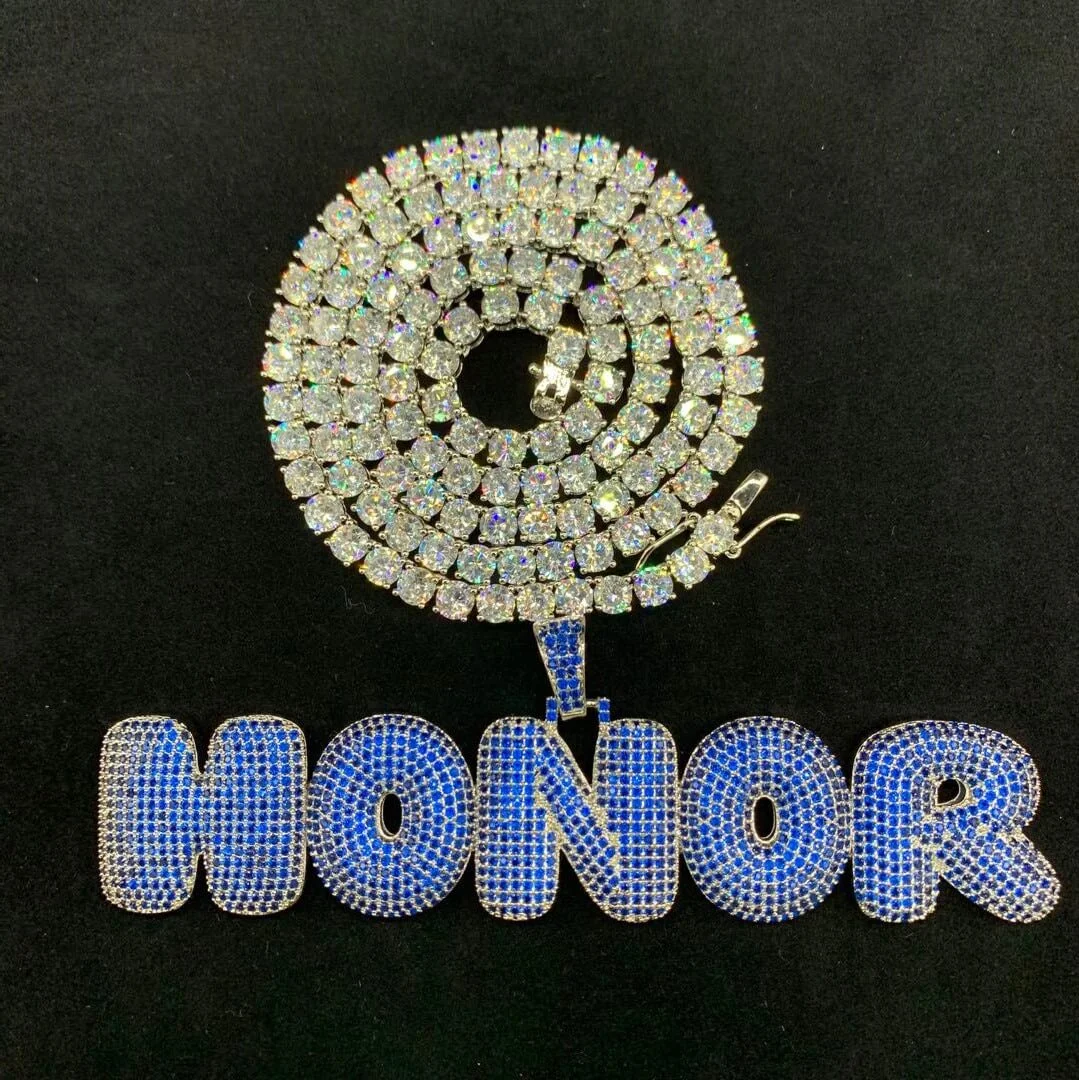 Iced Out Custom Name Blue Bubble Letters Pendant Necklace-VESSFUL