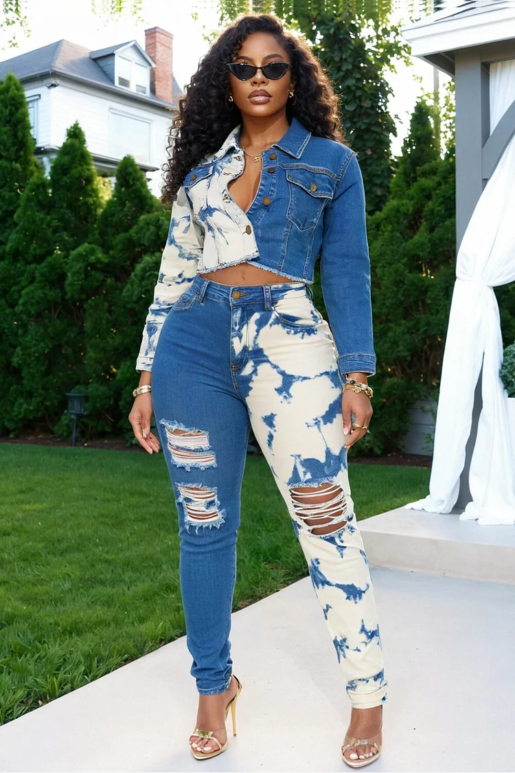 Tie Dye Colorblock Denim Patchwork Crop Top Skinny Jeans Set-Blue [Pre Order]