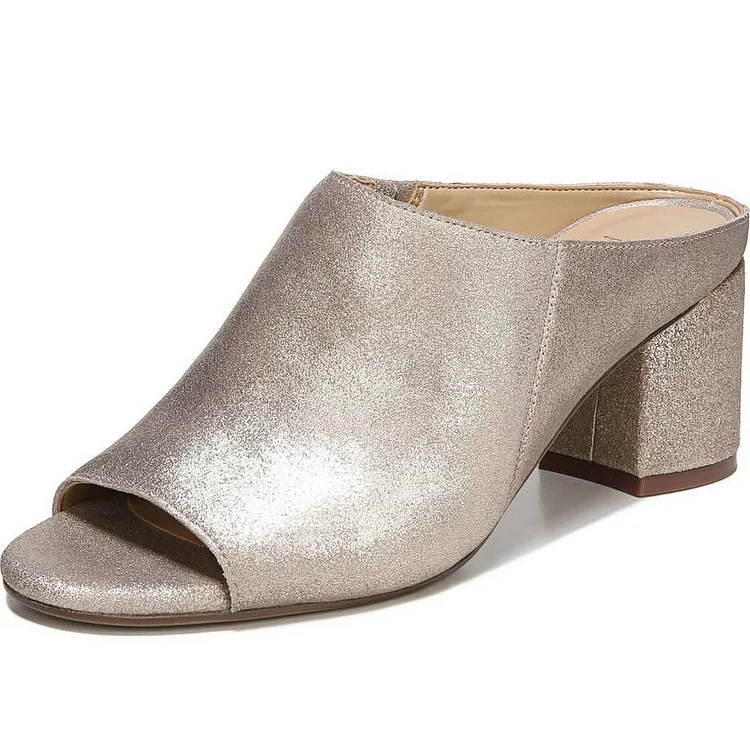 Champagne Glitter Shoes Peep Toe Block Heel Mules for Women |FSJ Shoes