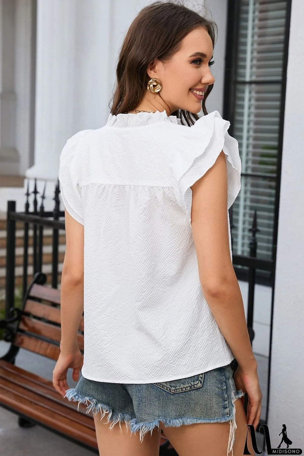 MidiSono - White Ruffle Flutter Notch Neck Top