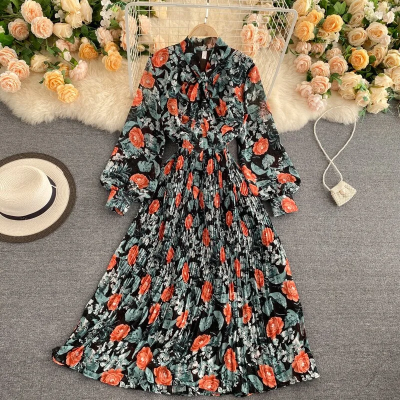 Croysier Dresses For Women 2021 Elegant Bow Tie Neck Vintage Floral Midi Dress Long Sleeve Spring Autumn Chiffon Pleated Dress