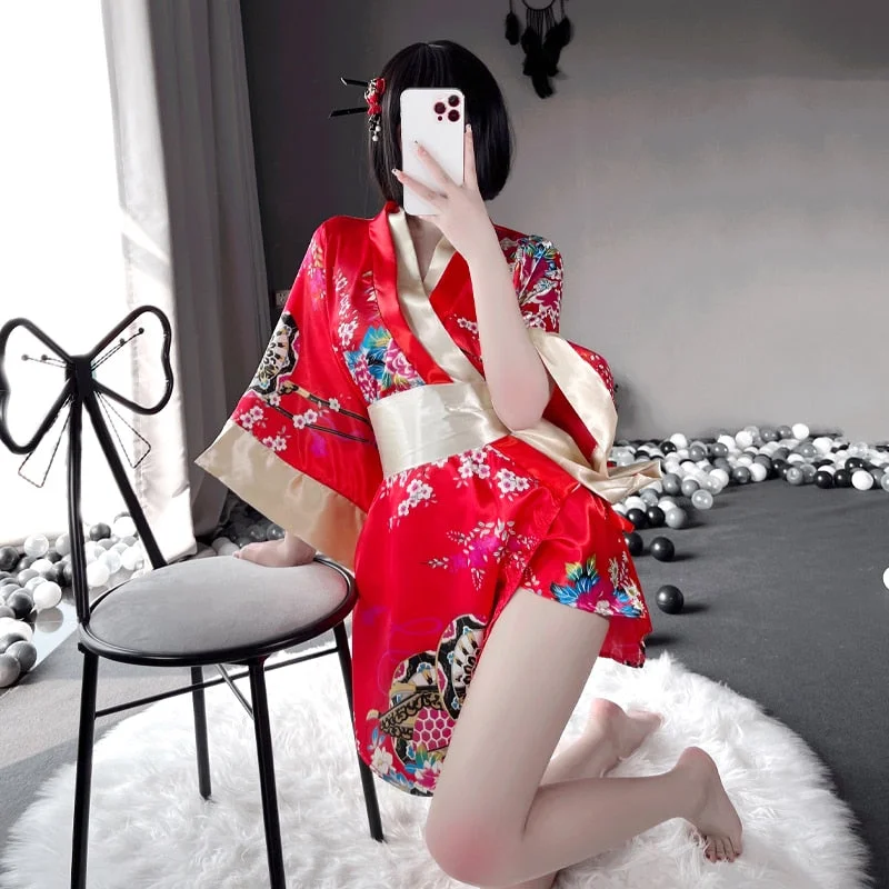 OJBK Japanese Kawaii Pink Kimono White Bow-Knot Waistband Thong Sexy Lingerie Cosplay Costumes Woman Yukata Robe With Obi Belt