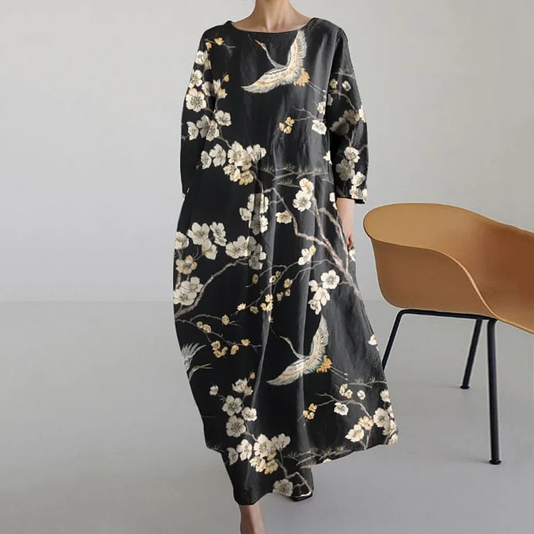 VChics Japanese Floral Round Neck Long Sleeve Midi Dress