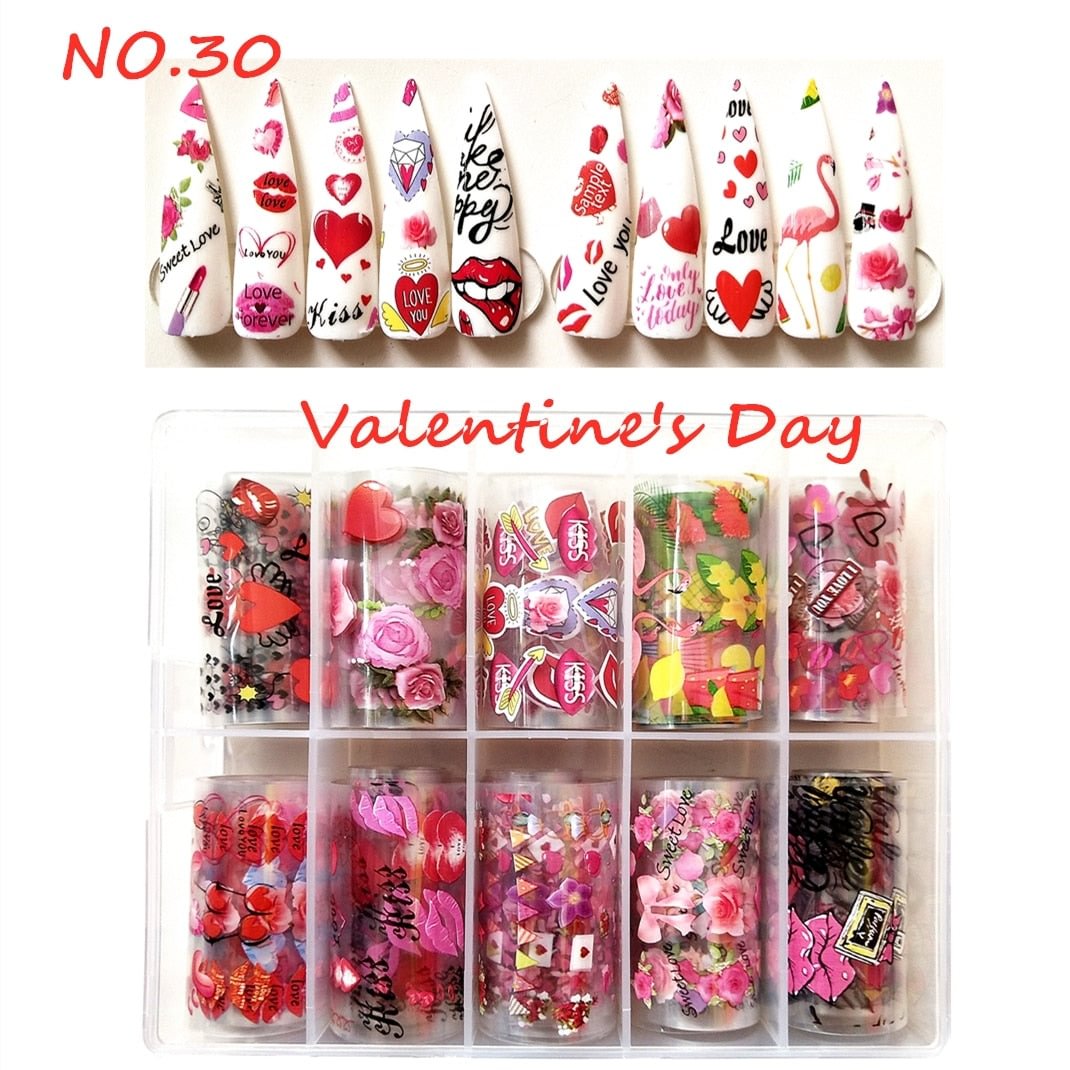 Valentines Nail Foil Transfer Stickers 10Rollls Valentines?Day Nail Art Decorations Foils Romantic Love Heart Transfer Stickers