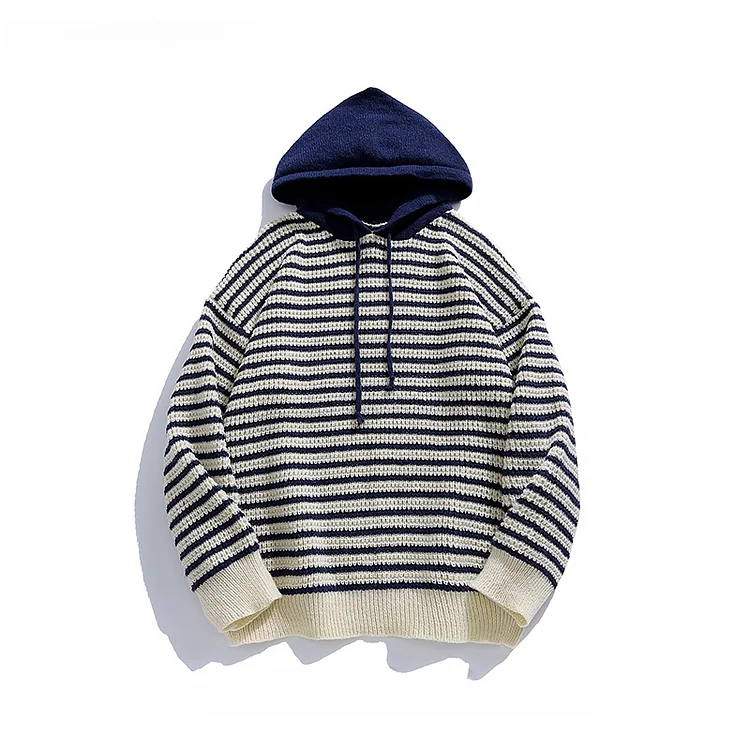 Demandernyc Men/Women Contrast Color Striped Hooded Sweaters Spring Autumn Japanese Style Loose Casual Daily Versatile Knitted Pullover Tops