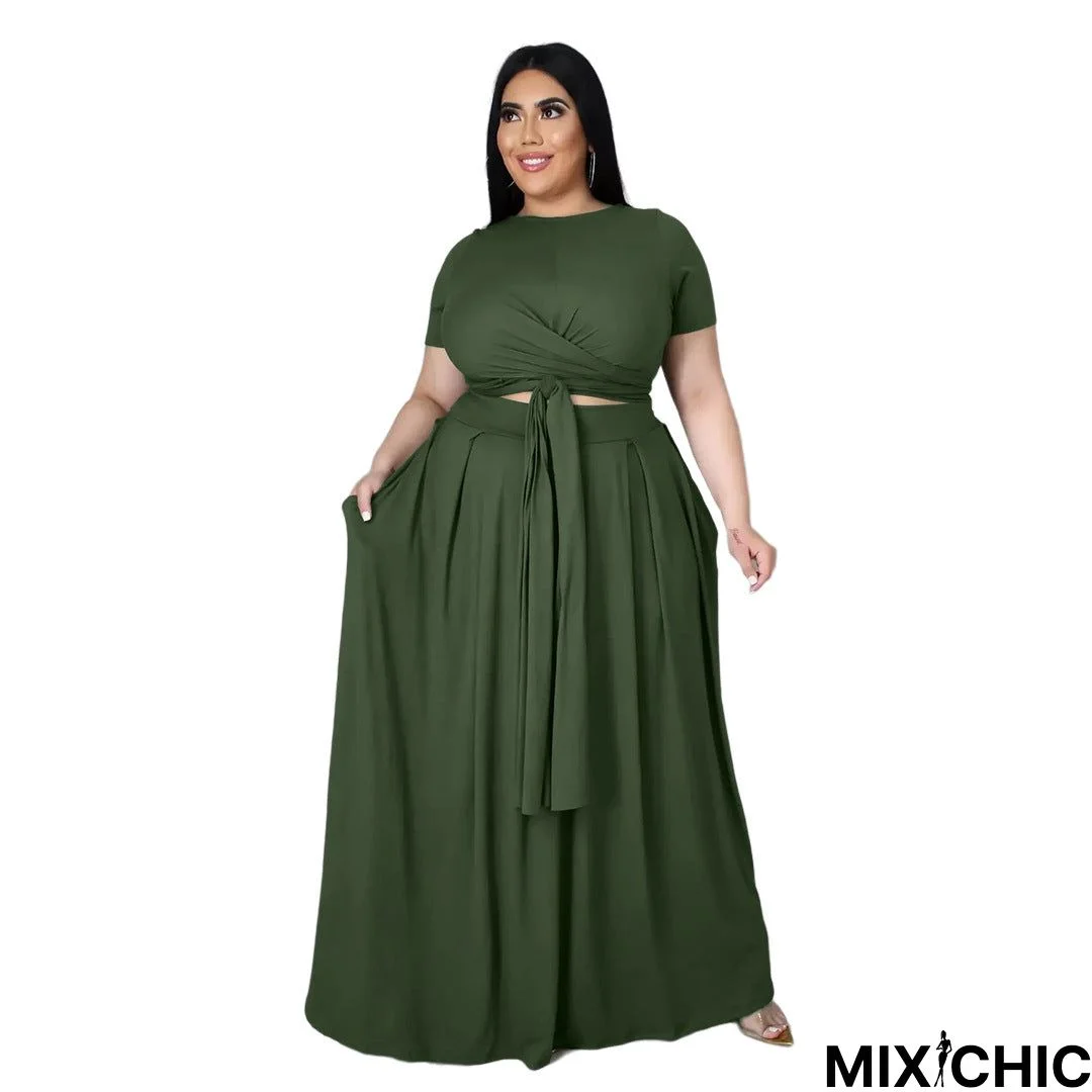 Lady Fashion Plus Size Women Solid Color Cross Lace-up Large Swing Two-piece Skirt