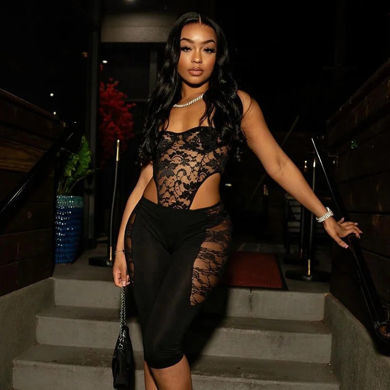 Uveng Uveng Women's Spring And Summer Low-Waist Net Yarn Lace Perspective Kit Hips Solid Seven-Point Casual Pants